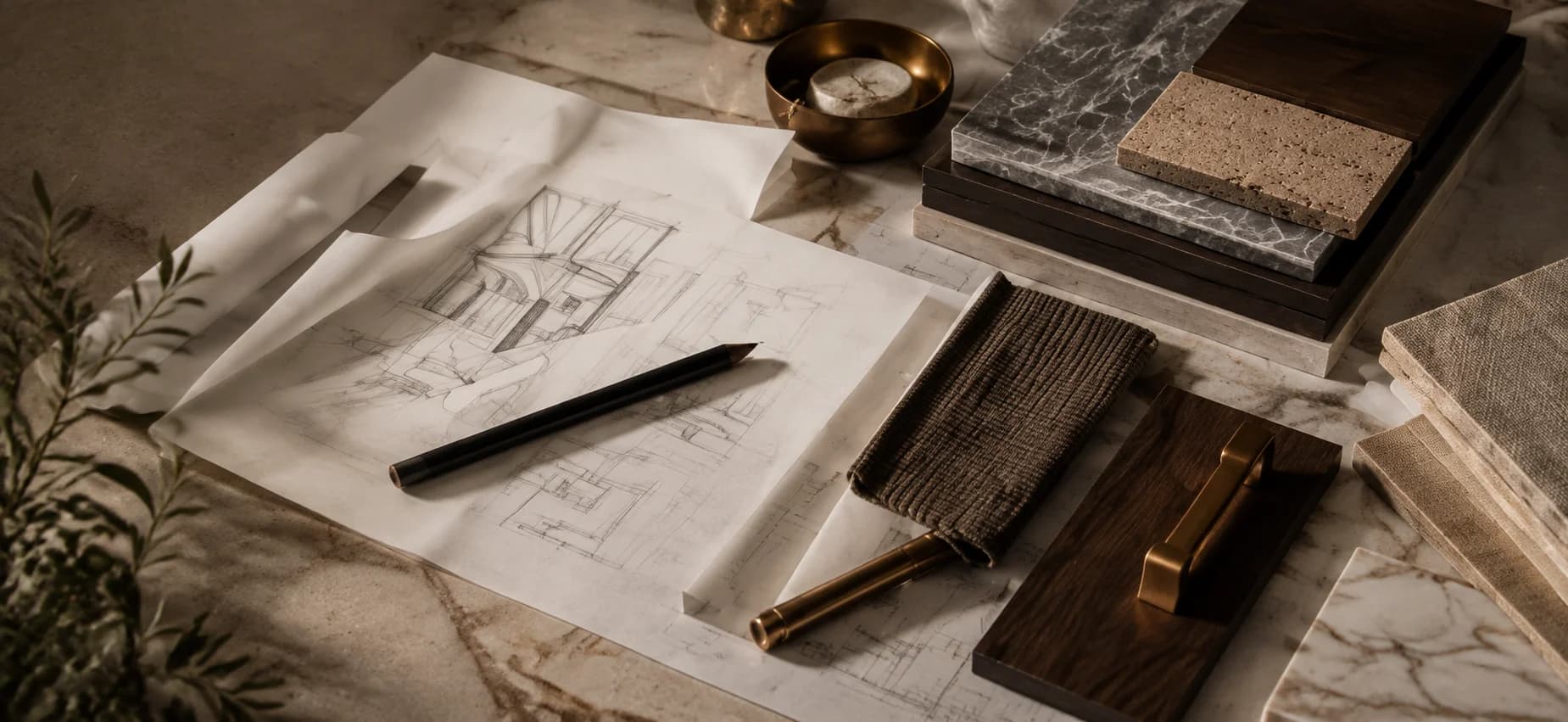 Flat lay of design sketches, timber and stone material samples