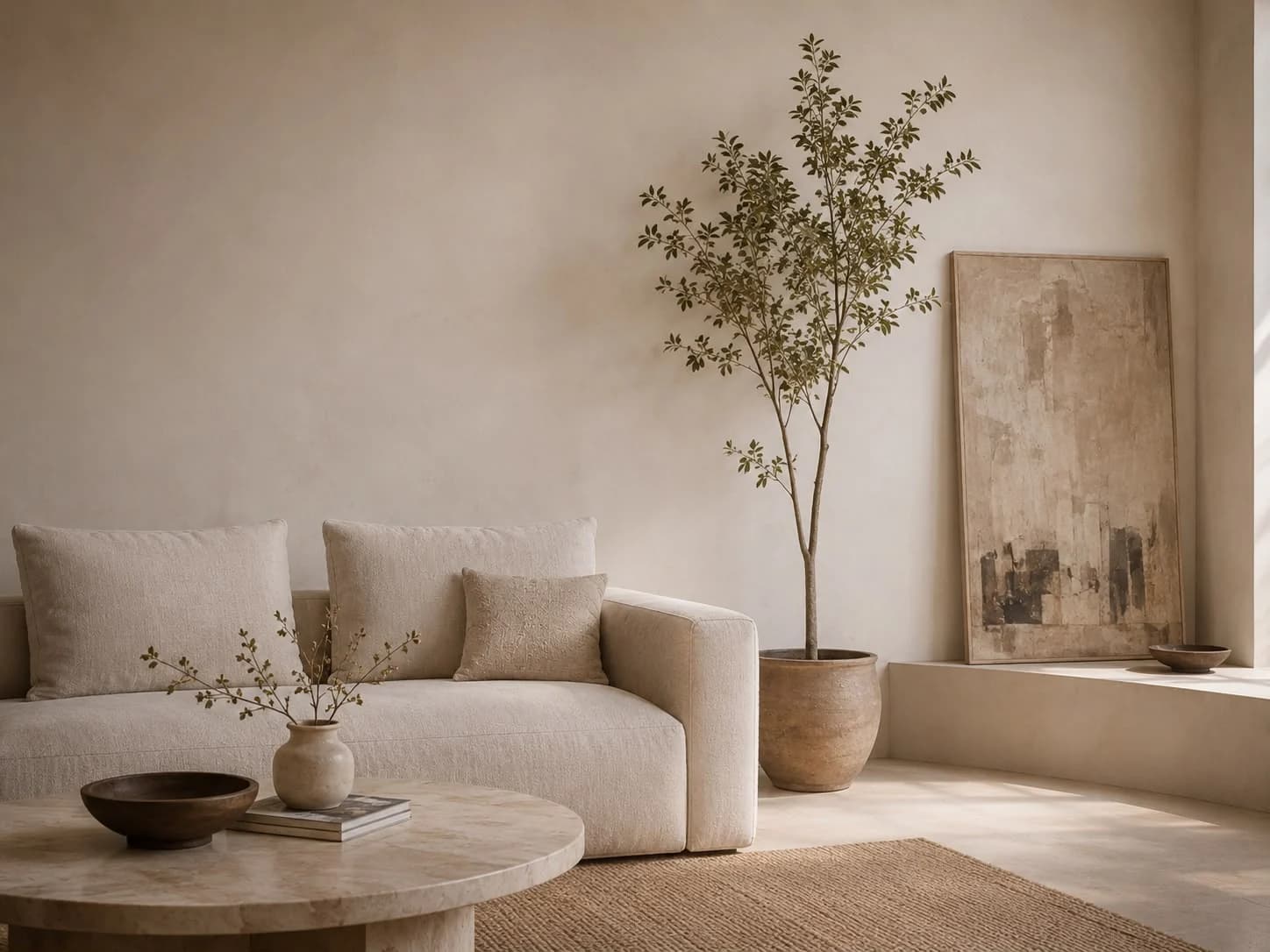 Warmly lit living room styled with a ceramic vase and linen drapery