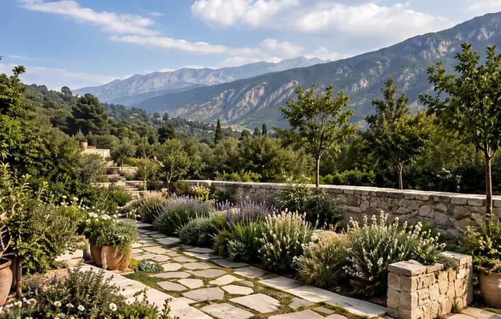 Stone pathway through Prini Orchard Landscape