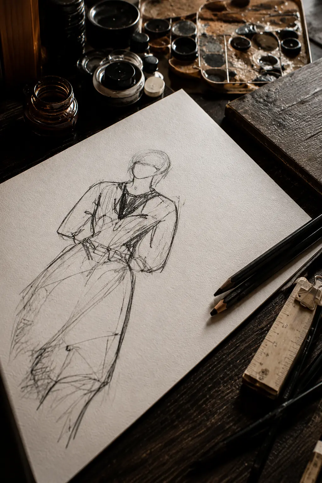 Fashion sketch on a design desk