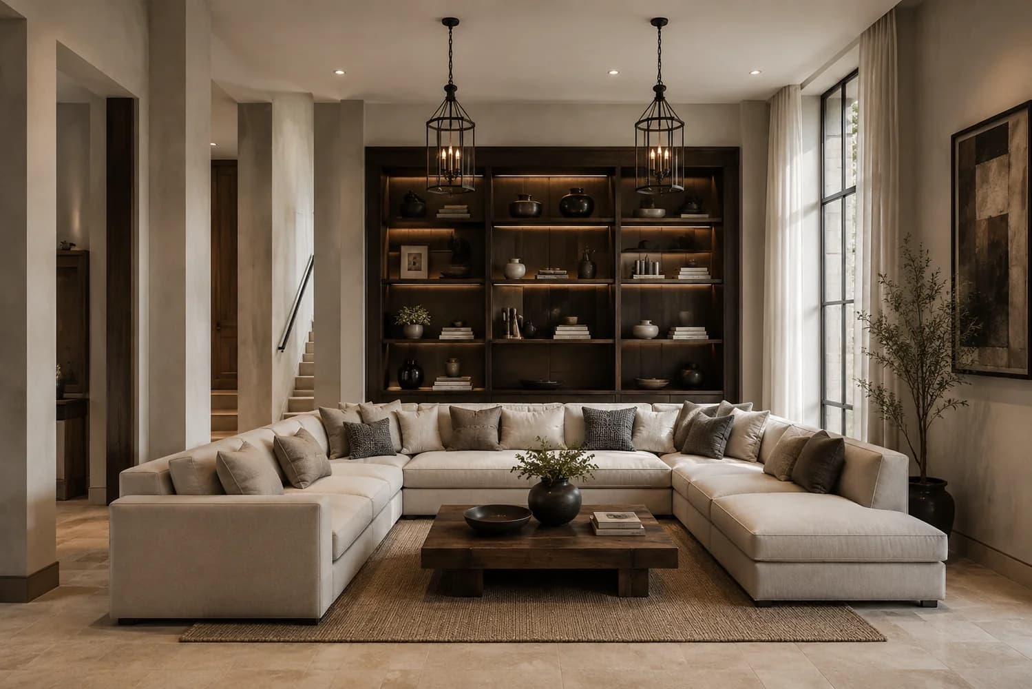 Living room styled with layered furniture and shelving