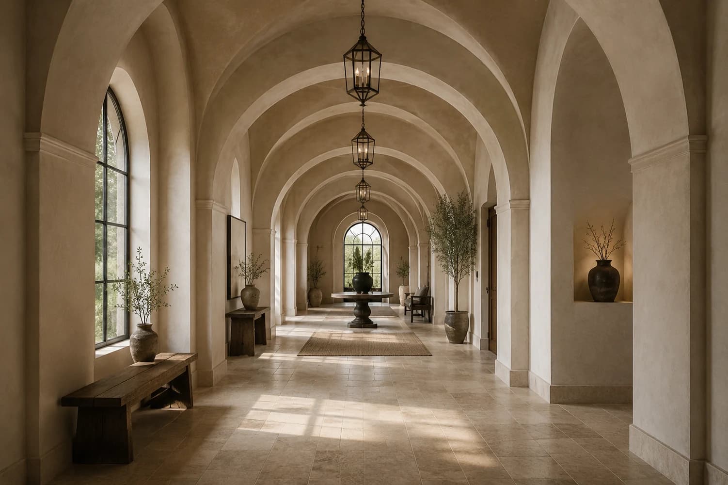 Arched stone corridor bathed in warm light