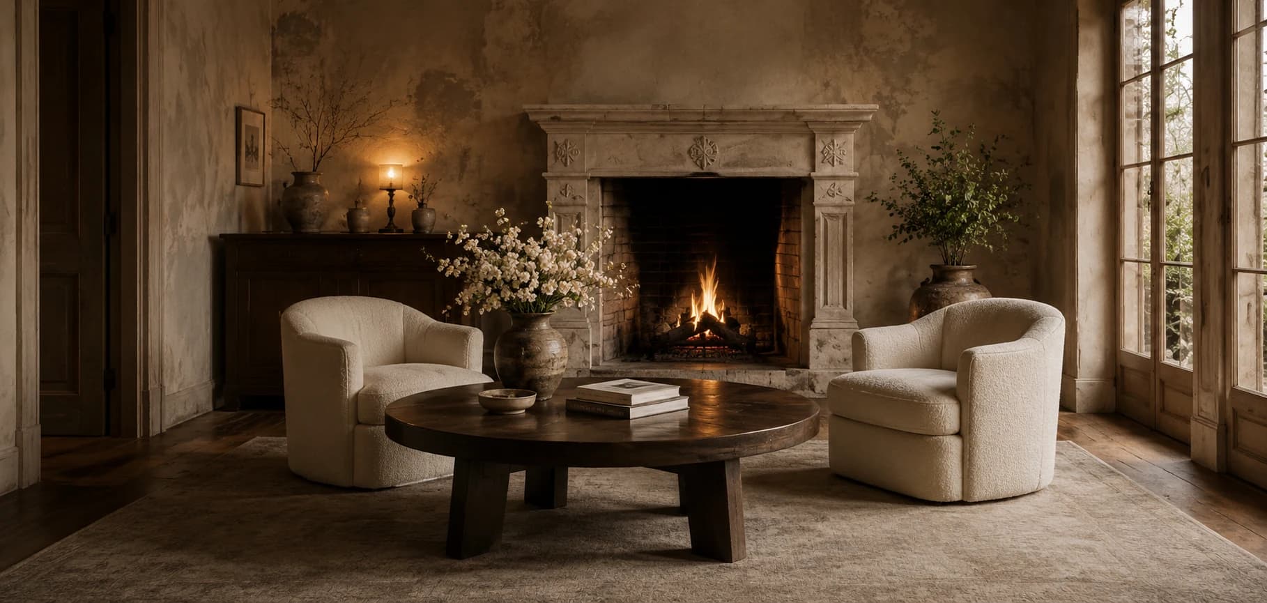 Restored living room with a lit stone fireplace, upholstered armchairs and a round wooden table