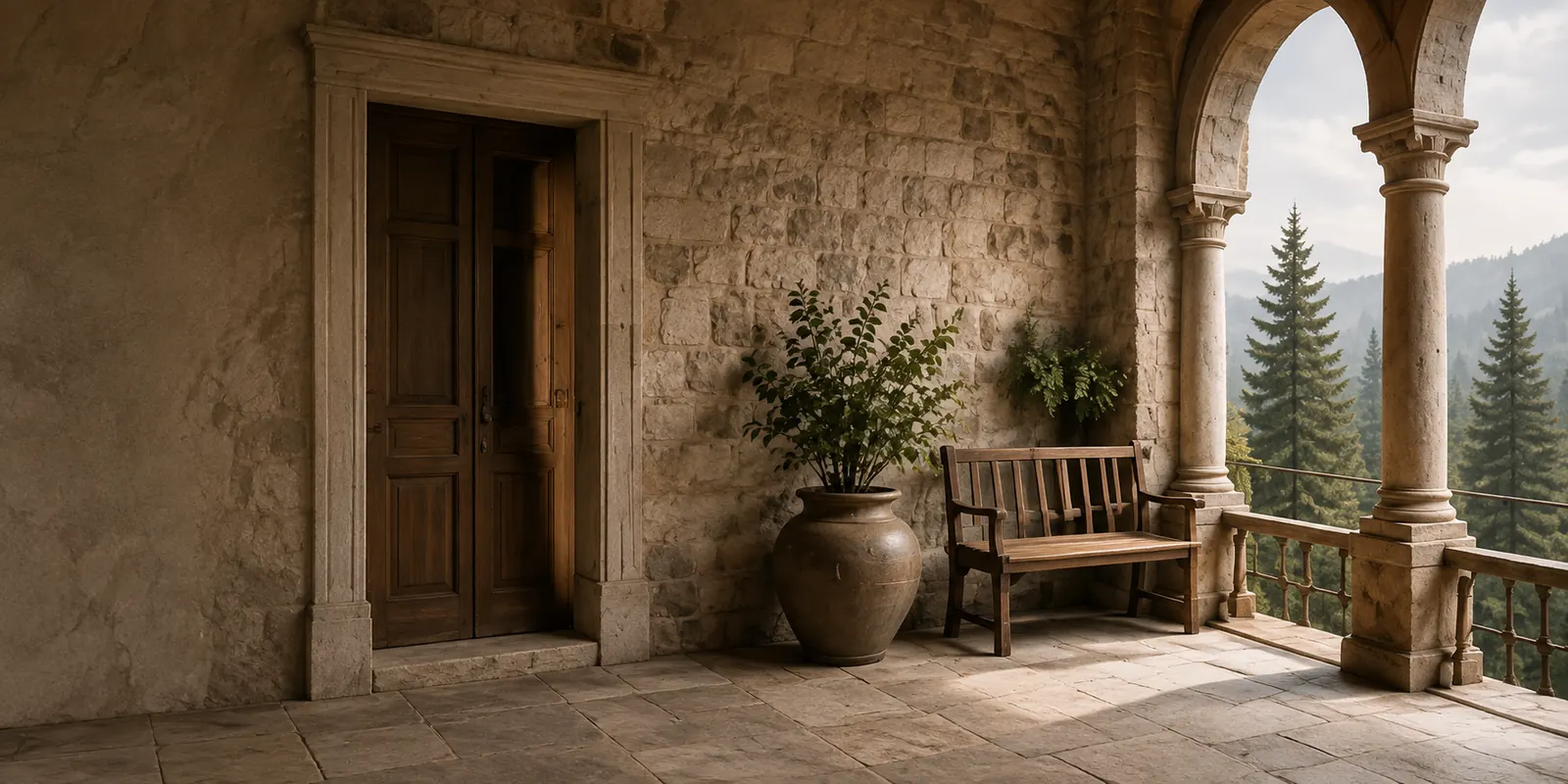 Restored stone veranda with timber doors overlooking a pine forest and mountains