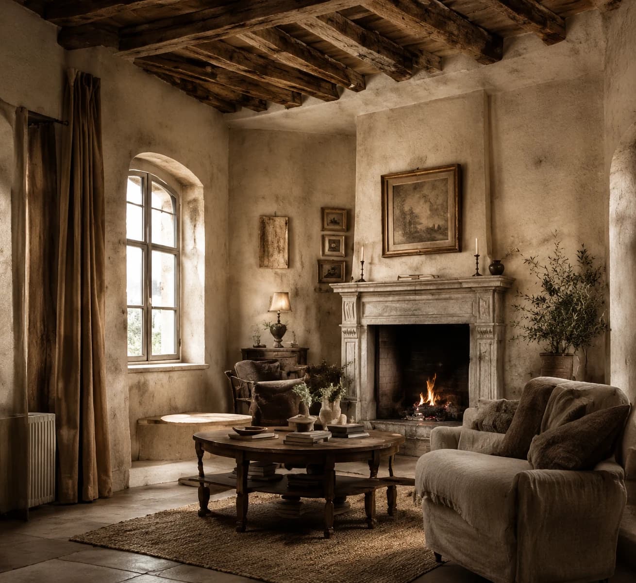 Restored living room with fireplace, timber beams and upholstered seating