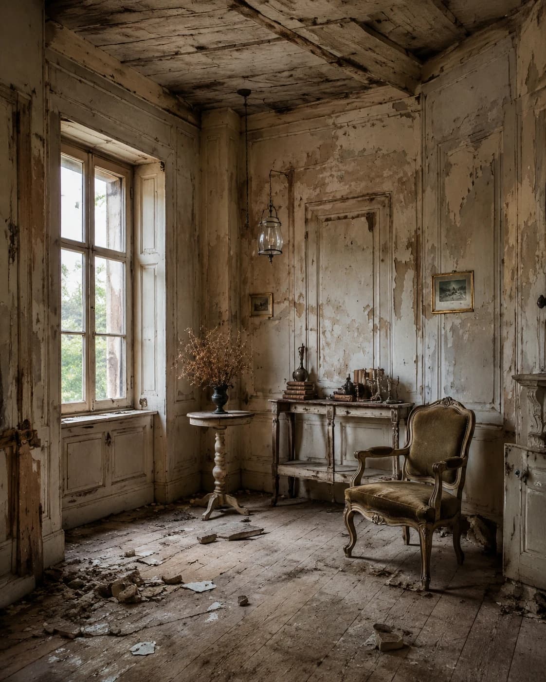 Weathered stone interior before restoration, with peeling walls and exposed beams