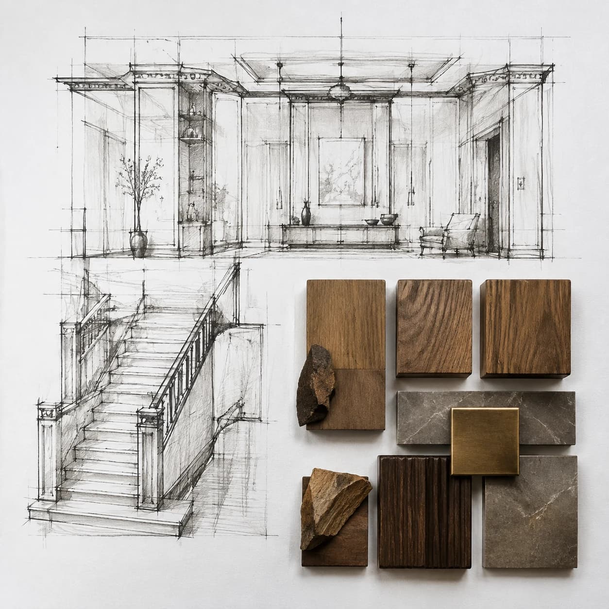 Architectural restoration study sketches and material samples